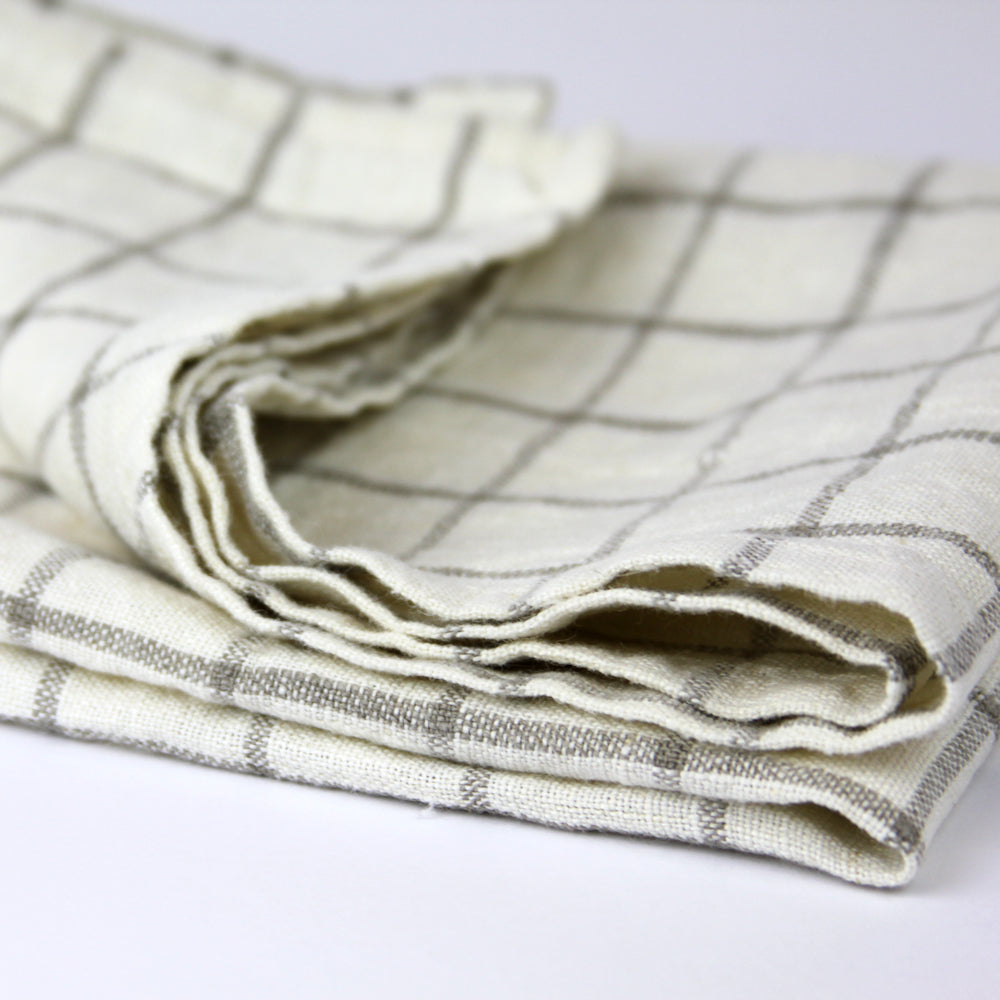 Linen Hand Towel - Stonewashed - Off White with Natural Squares - Medium Thick Linen