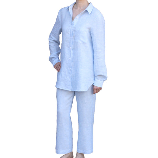 Linen Loungewear - Shirt and Pants - Heather Light Blue - Luxury Thin Linen