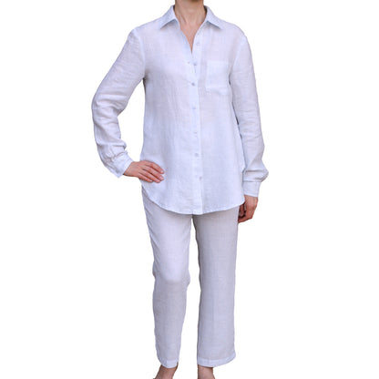 Linen Loungewear - Shirt and Pants - White with Light Blue Pin Stripes - Luxury Thin Linen