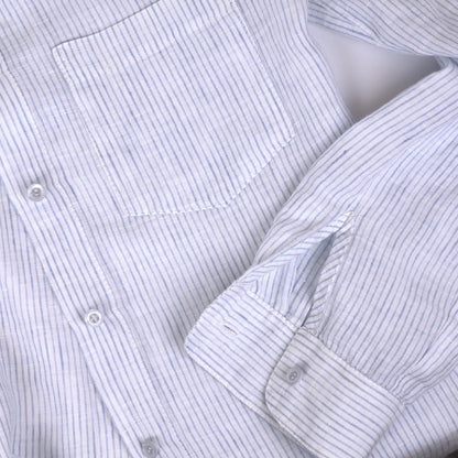 Linen Loungewear - Shirt and Pants - White with Light Blue Pin Stripes - Luxury Thin Linen