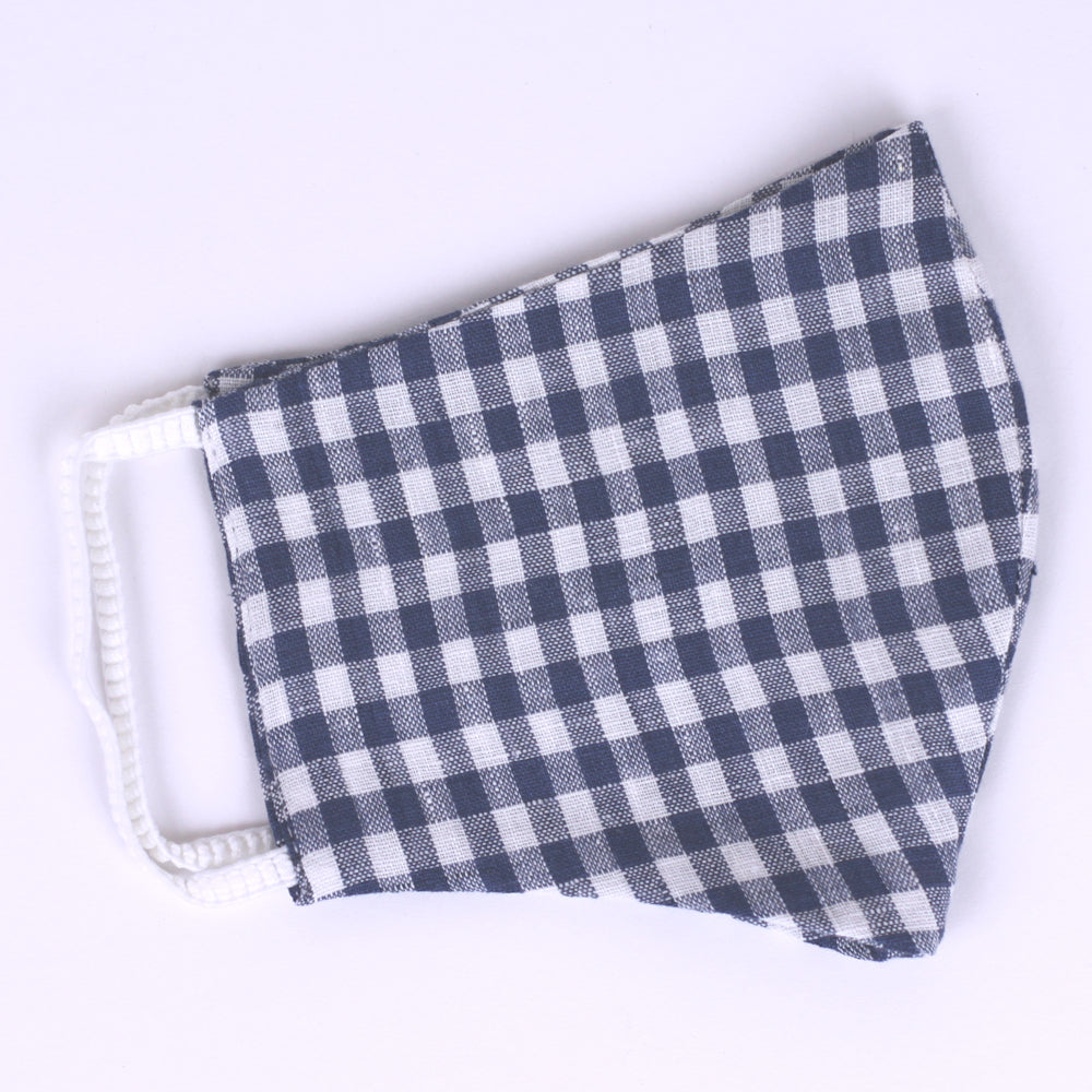 Linen Face Mask - Stonewashed - Blue White Check Pattern - Very Soft - Washable and Reusable - 2-ply