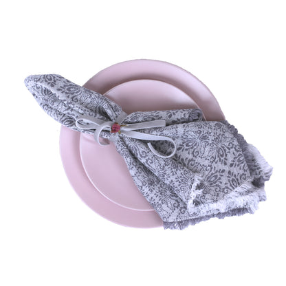 Linen Napkin - Stonewashed - Grey Jacquard with Frayed Edges - Thick Linen
