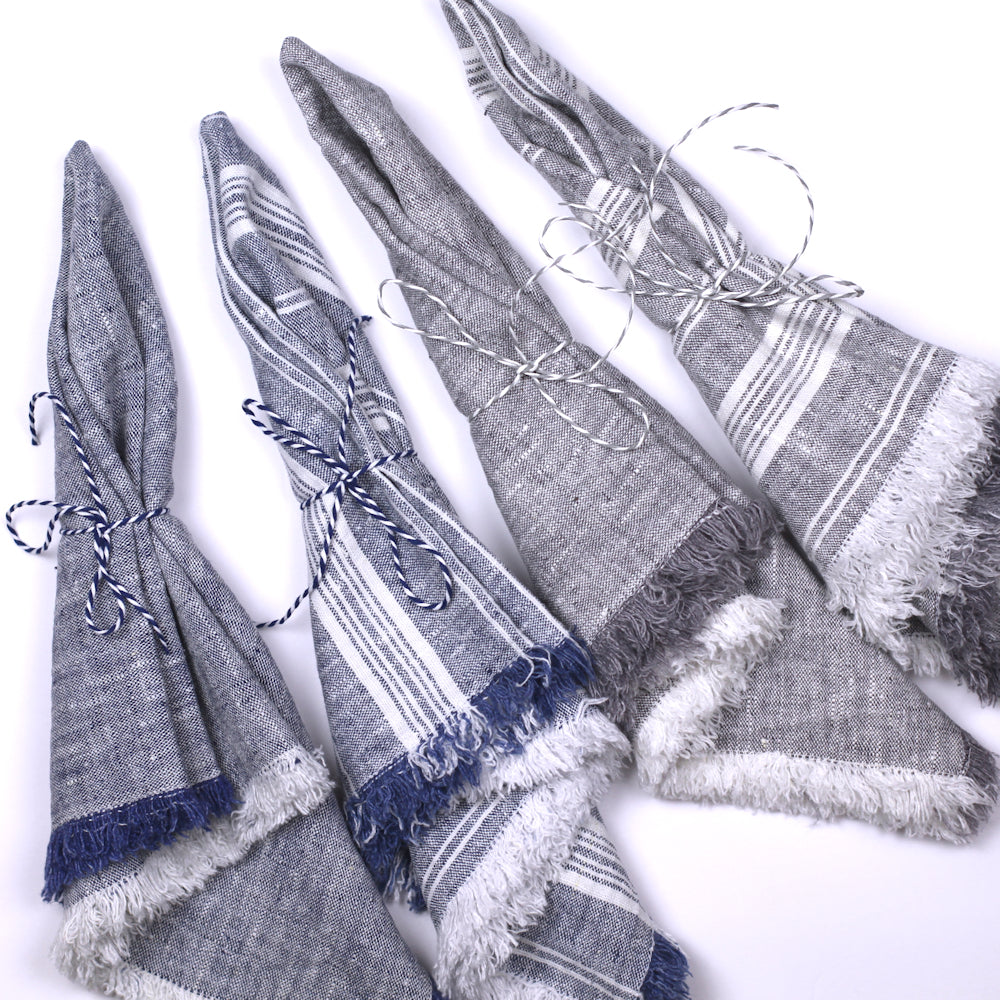 Linen Napkin - Stonewashed - Heather Grey with White Stripes and Frayed Edges - Luxury Thick Linen