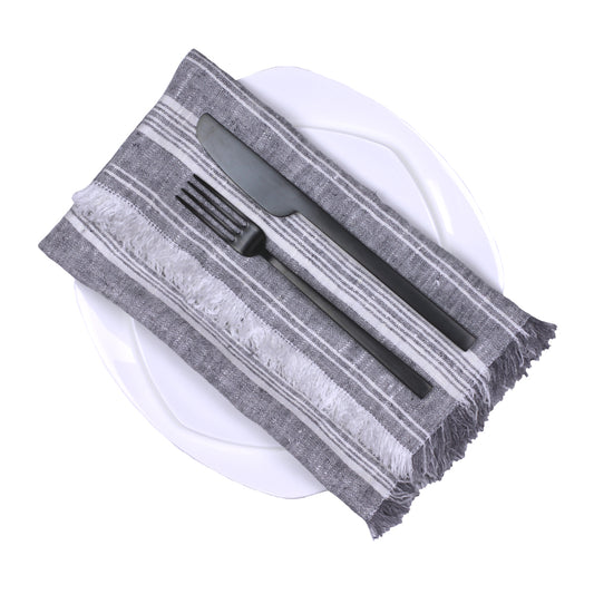 Linen Napkin - Stonewashed - Heather Grey with White Stripes and Frayed Edges - Luxury Thick Linen