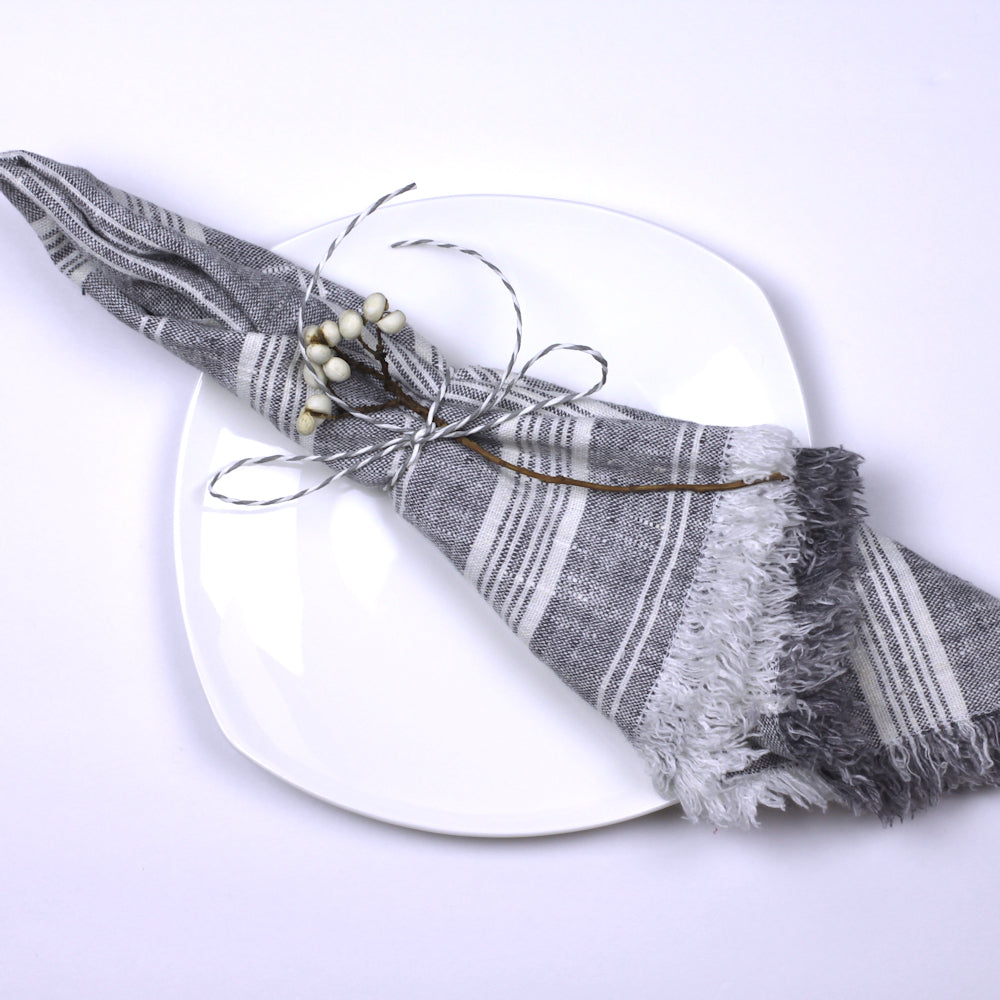Linen Napkin - Stonewashed - Heather Grey with White Stripes and Frayed Edges - Luxury Thick Linen