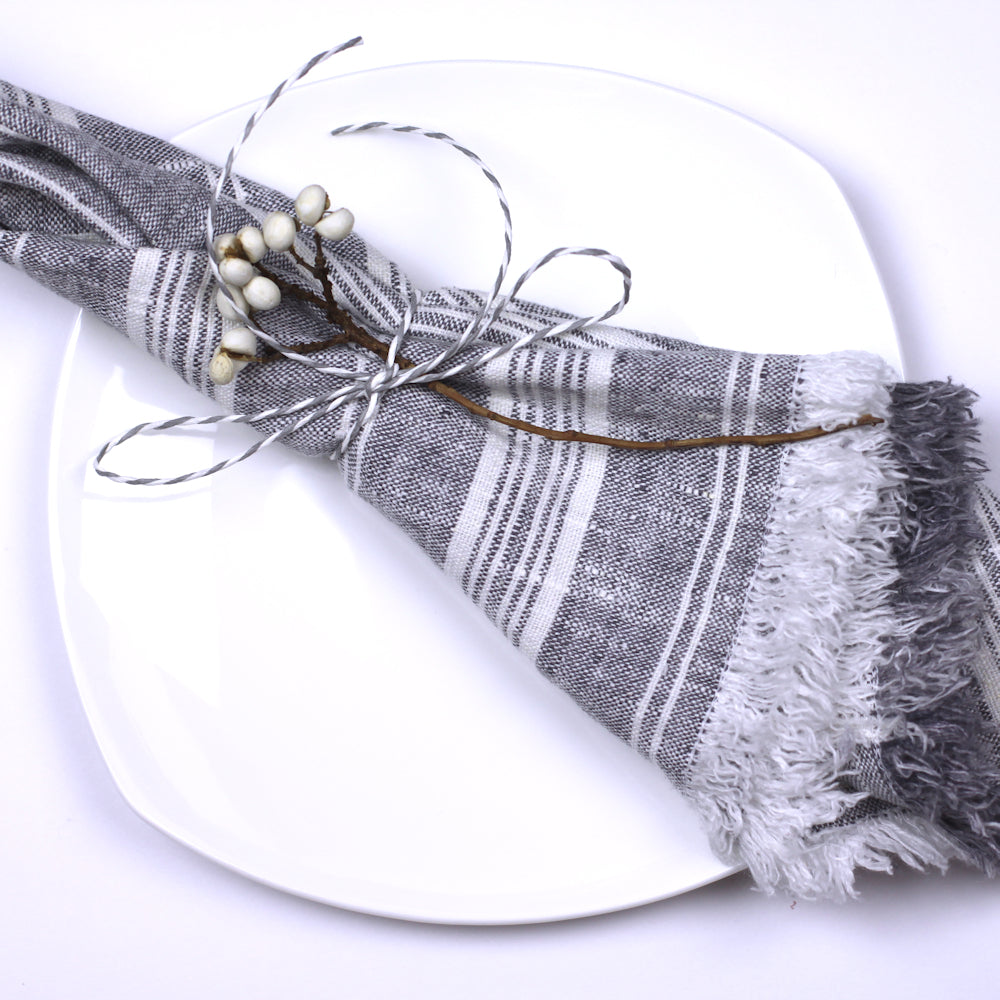 Linen Napkin - Stonewashed - Heather Grey with White Stripes and Frayed Edges - Luxury Thick Linen