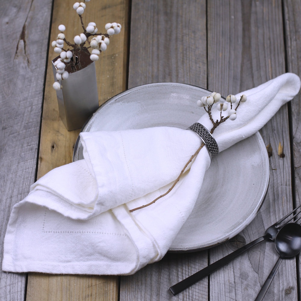 Linen Napkin - Stonewashed - White with Dot Hemstitch - Luxury Thick Linen
