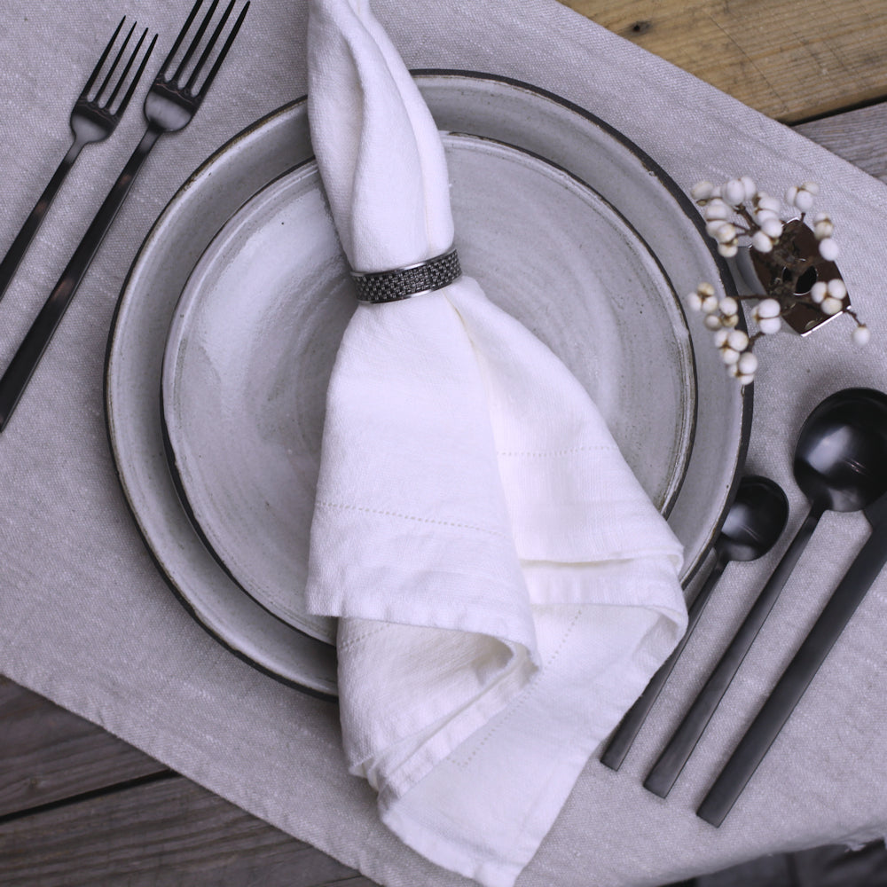 Stonewashed linen - pure 100% linen cocktail napkin or coaster antique white  with black stripes stone washed flax pre-washed laundered Europe European linen  napkins set – L i n e n C a s a