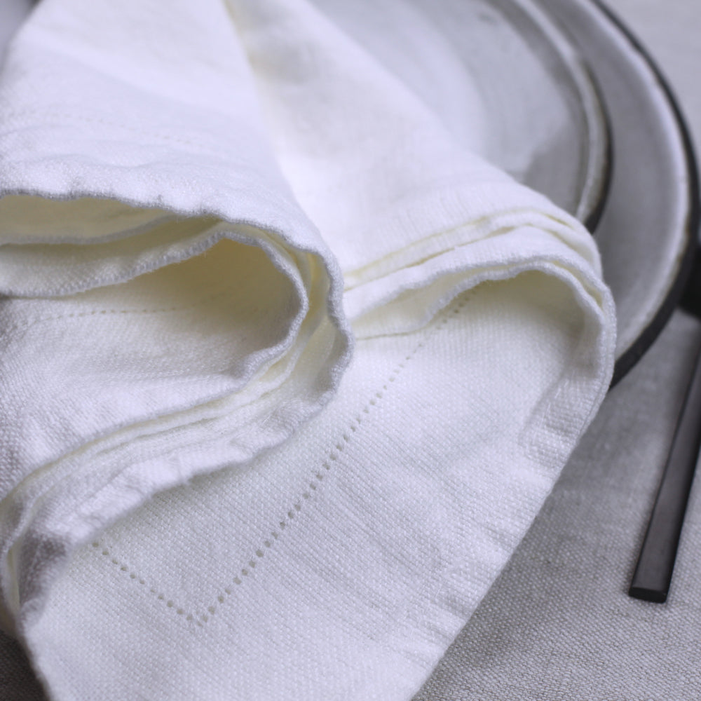 Linen Napkin - Stonewashed - White with Dot Hemstitch - Luxury Thick Linen