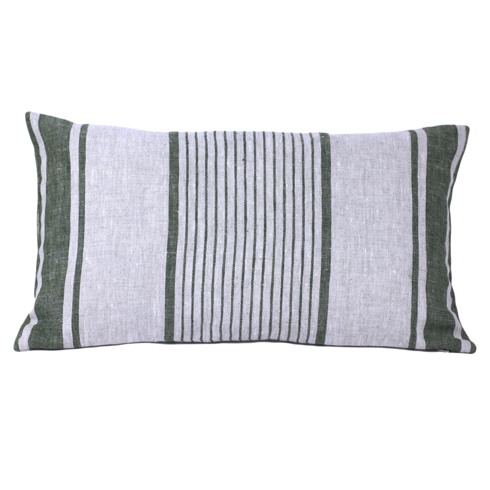 Linen Pillow Cover - Lumbar - Grey with Forest Green Pinstripes  - 12 x 20 - Stonewashed - Luxury Thick Linen