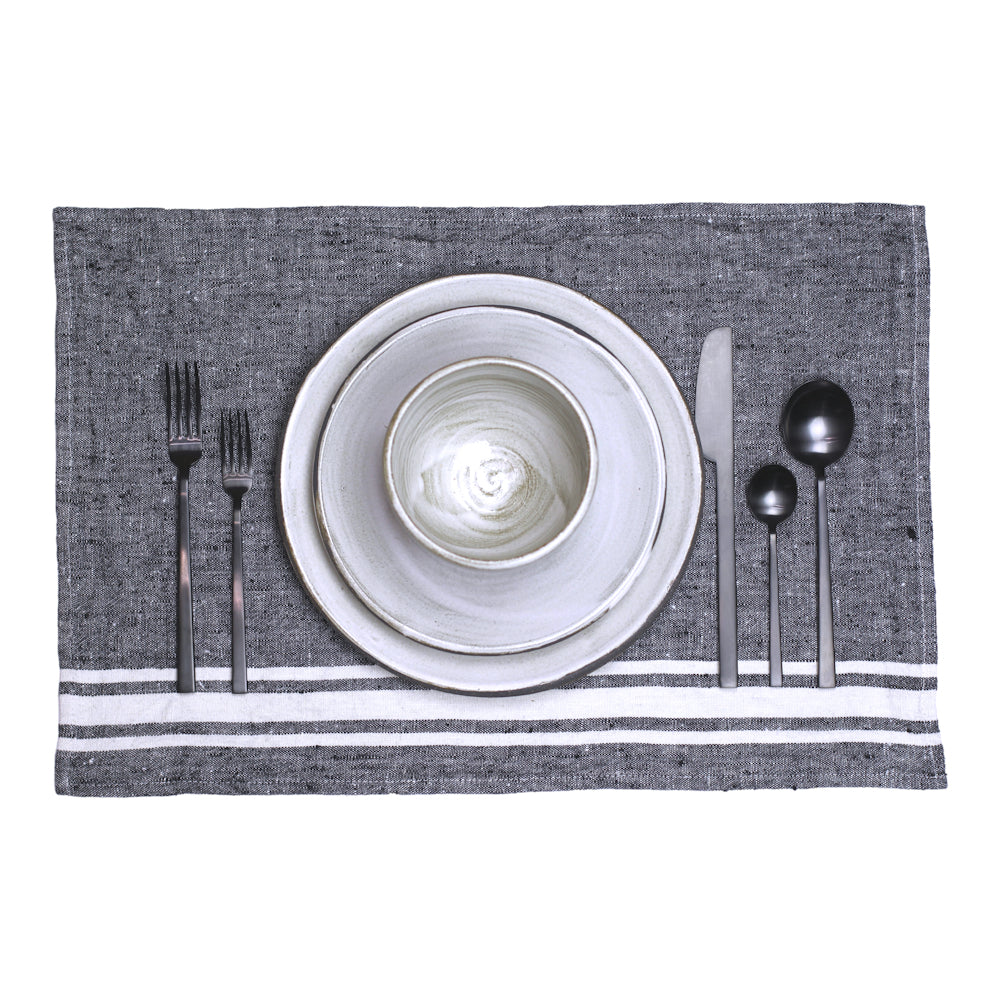 Linen Placemat - Stonewashed - Black with White Stripes - Luxury Thick Linen