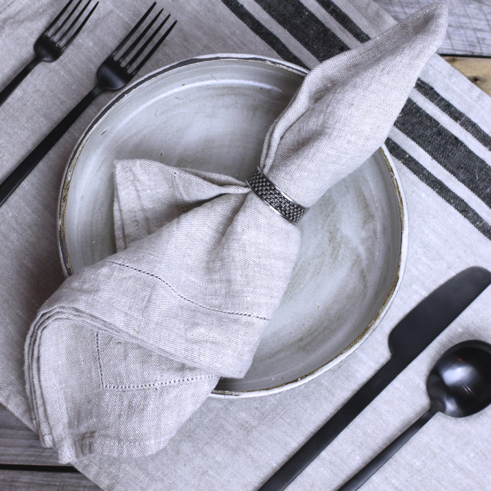 Linen Placemat - Stonewashed - Grey with Black Stripes - Luxury Thick Linen