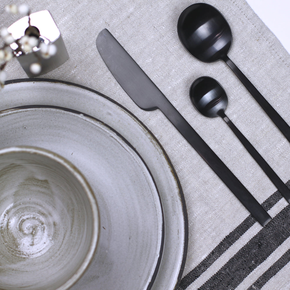 Linen Placemat - Stonewashed - Grey with Black Stripes - Luxury Thick Linen