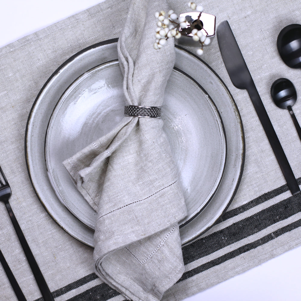 Stonewashed linen - pure 100% linen cocktail napkin or coaster antique  white with black stripes stone washed flax pre-washed laundered Europe  European linen napkins set – L i n e n C a s a