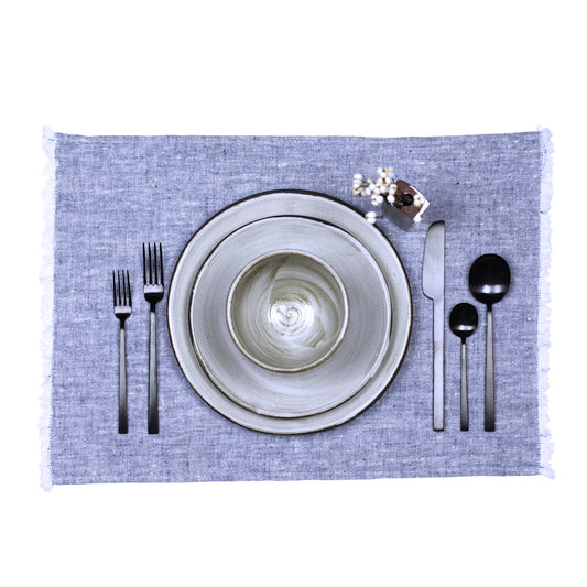 Linen Placemat - Stonewashed - Heather Blue with Frayed Edges - Luxury Thick Linen