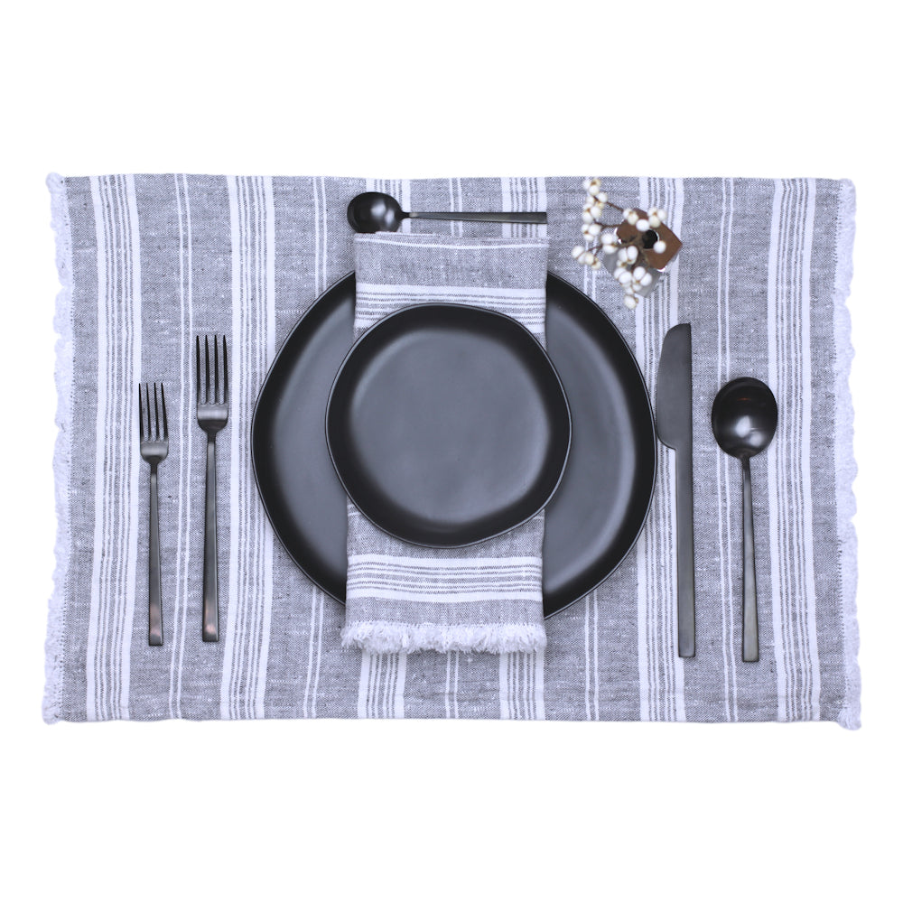 Linen Placemat - Stonewashed - Heather Grey with White Stripes and Frayed Edges - Luxury Thick Linen