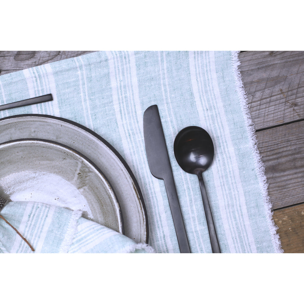 Linen Placemat - Stonewashed - Heather Light Green with White Stripes and Frayed Edges - Luxury Thick Linen