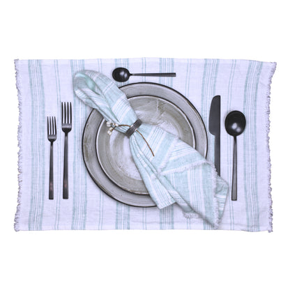 Linen Placemat - Stonewashed - White with Light Green Stripes and Frayed Edges - Luxury Thick Linen