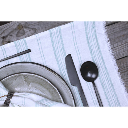 Linen Placemat - Stonewashed - White with Light Green Stripes and Frayed Edges - Luxury Thick Linen