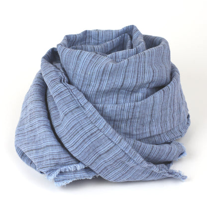 Linen Scarf - Stonewashed - Blue Stripes - Frayed Edges - Thin Linen