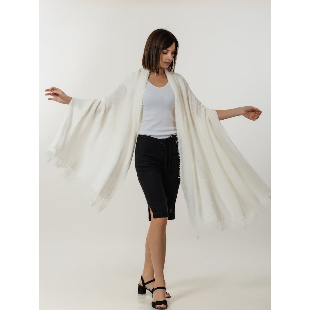 Linen Shawl with Long Fringes - Stonewashed - Cream Color - Loose Open Weave - Luxury Thick Linen
