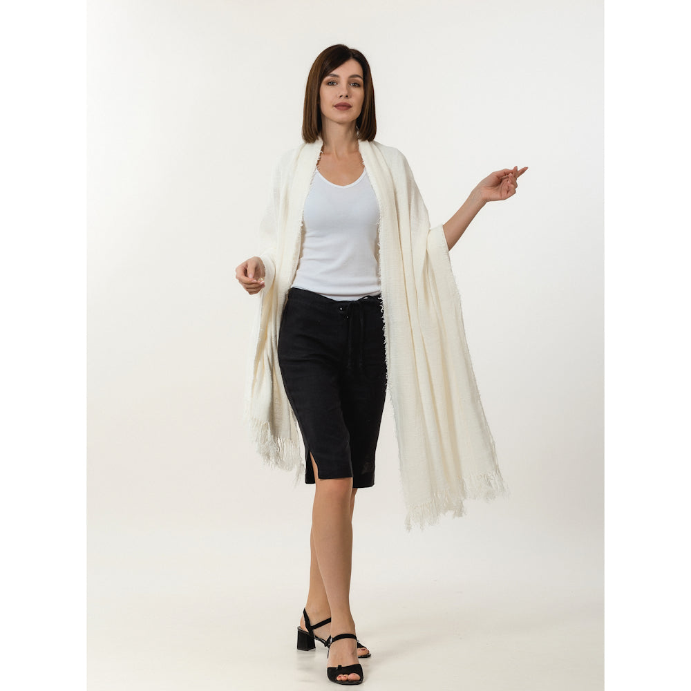 Linen Shawl with Long Fringes - Stonewashed - Cream Color - Loose Open Weave - Luxury Thick Linen