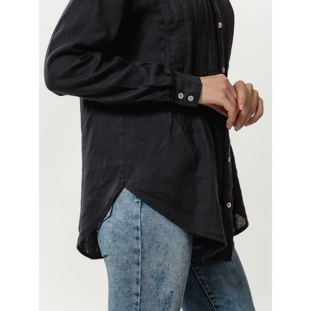 Linen Shirt - Black with Tucks - Stonewashed - Luxury Thin Linen