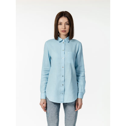 Stonewashed Linen Women Shirt - pure 100% linen flax light blue with mother  perl buttons pre-washed laundered Europe European linen lint free relaxed  cut shirt button down long sleeve shirt – L