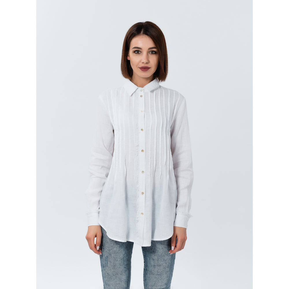 Linen Shirt - White with Tucks - Stonewashed - Luxury Thin Linen