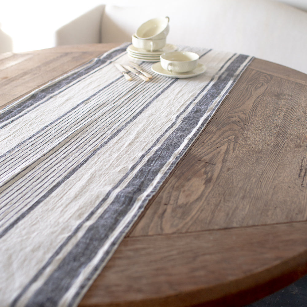 Linen Table Runner - Stonewashed - Antique White with Black Stripes - Luxury Thick Linen