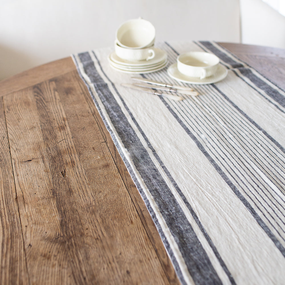 Linen Table Runner - Stonewashed - Antique White with Black Stripes - Luxury Thick Linen