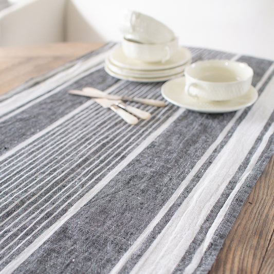 Linen Table Runner - Stonewashed - Black with White Stripes - Luxury Thick Linen
