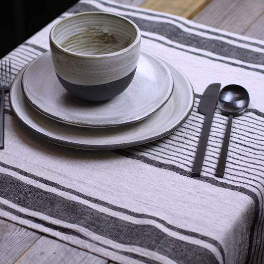 Linen Table Runner - Stonewashed - Light Natural with Black Stripes - Luxury Thick Linen
