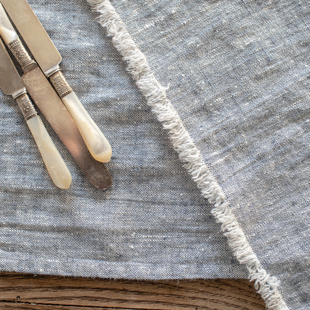Linen Table Runner - Stonewashed - Heather Blue with Frayed Edges - Luxury Thick Linen