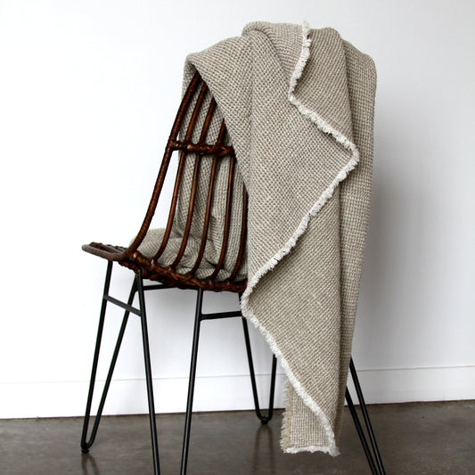 Linen Throw - Stonewashed - Waffle Textured - Frayed Edges - Natural Beige Color - Heavy Thick Linen