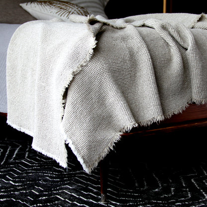 Linen Throw - Stonewashed - Waffle Textured - Frayed Edges - Natural Beige Color - Heavy Thick Linen