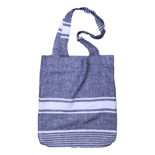 Linen Tote Bag - Stonewashed - Blue with White Stripes - Luxury Thick Linen