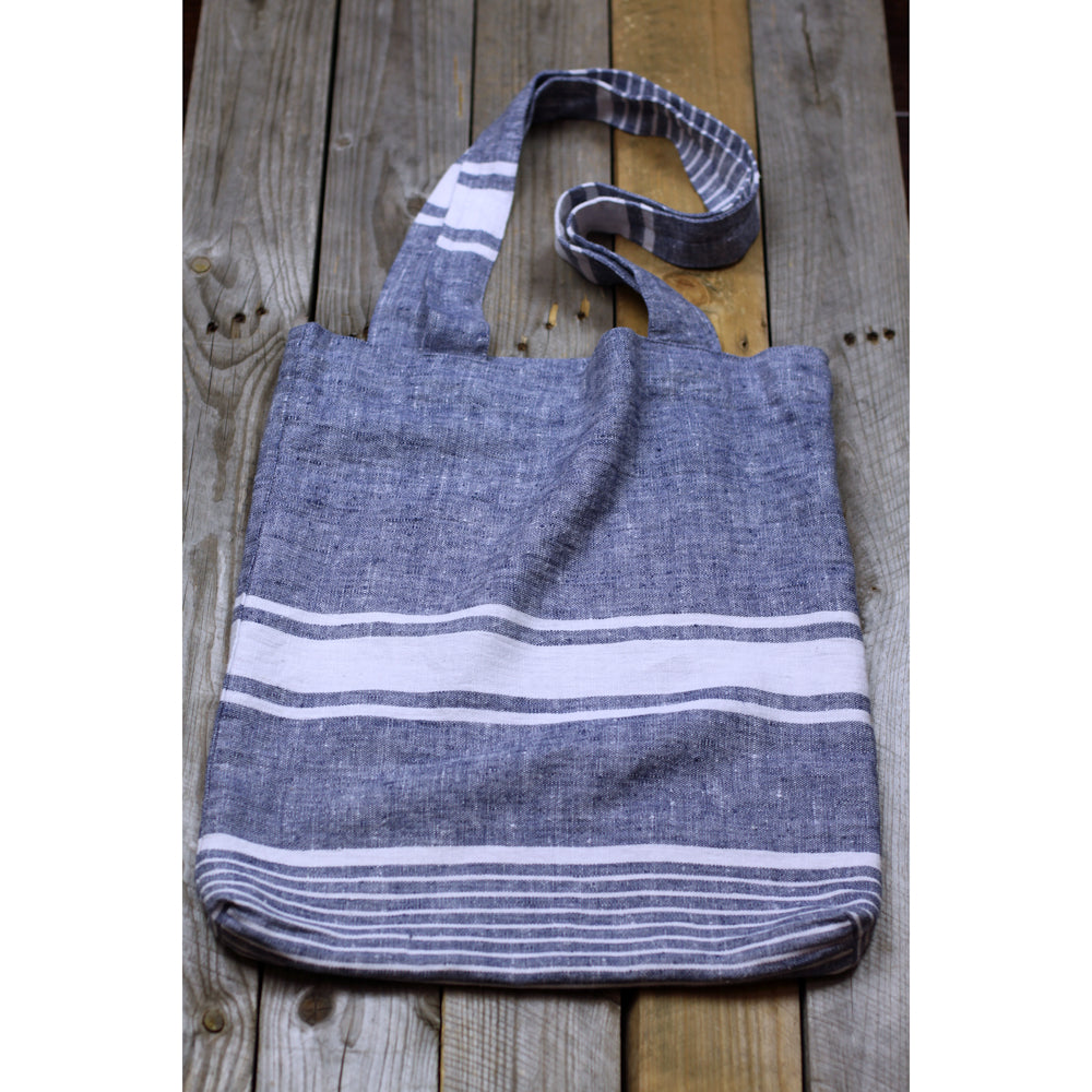 Linen Tote Bag - Stonewashed - Blue with White Stripes - Luxury Thick Linen