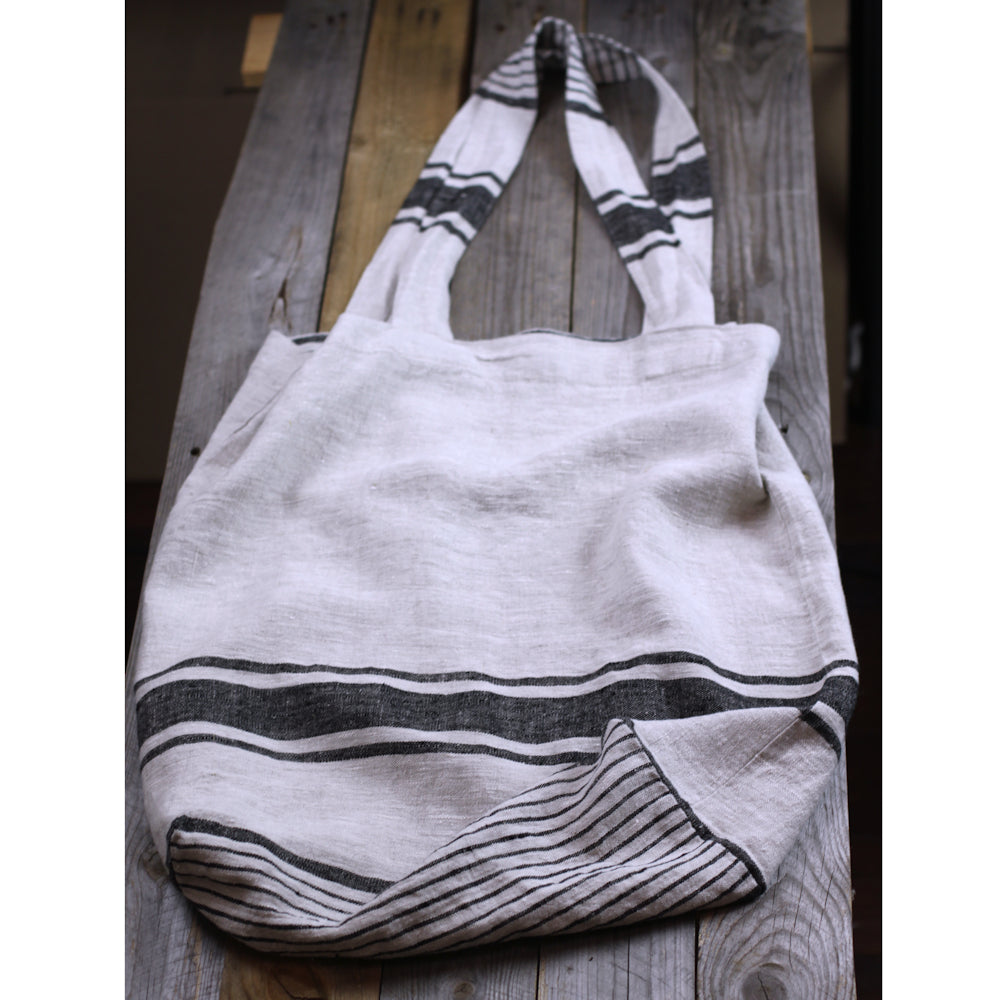 Linen Tote Bag - Stonewashed - Grey with Black Stripes - Large - Luxury Thick Linen