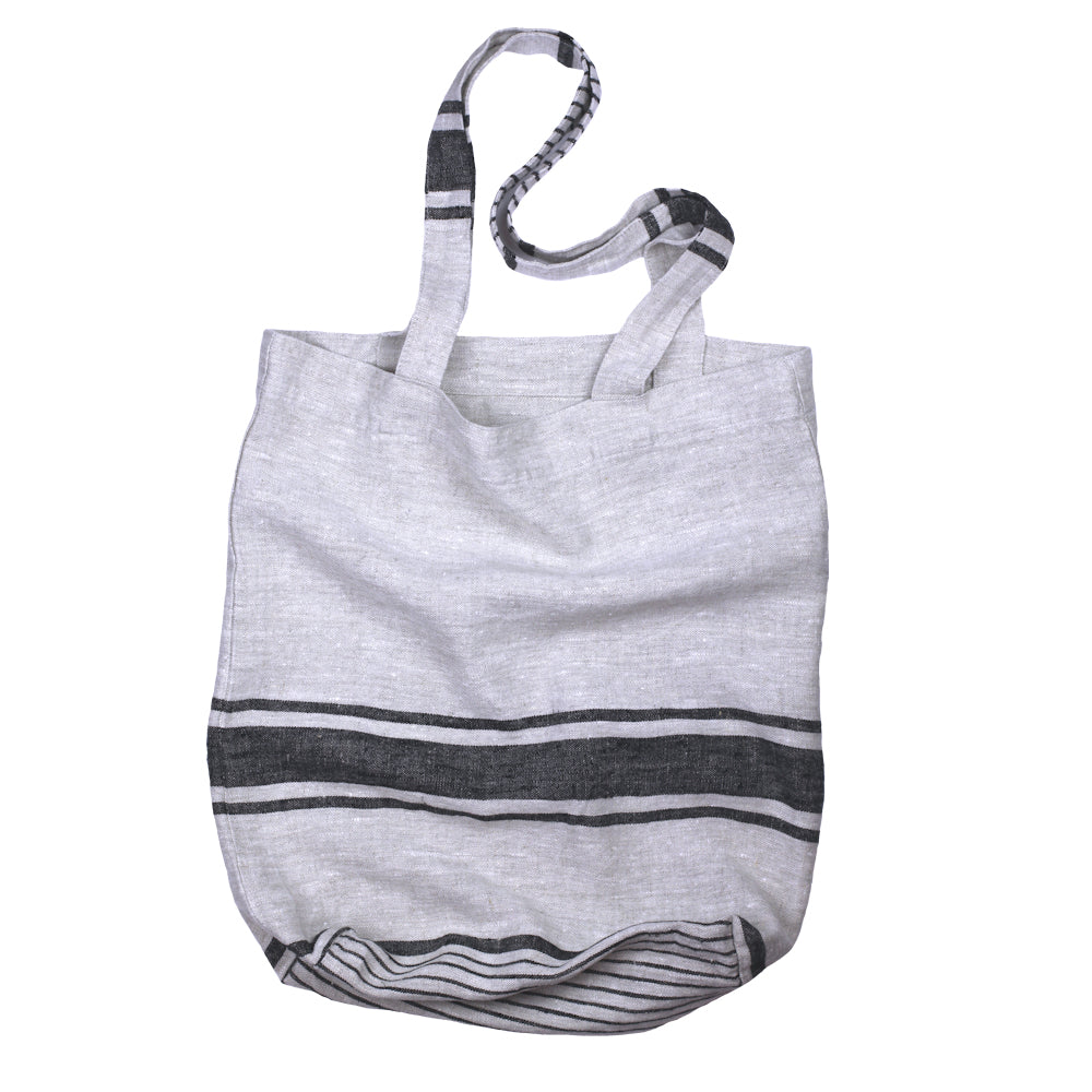 Linen Tote Bag - Stonewashed - Grey with Black Stripes - Medium - Luxury Thick Linen