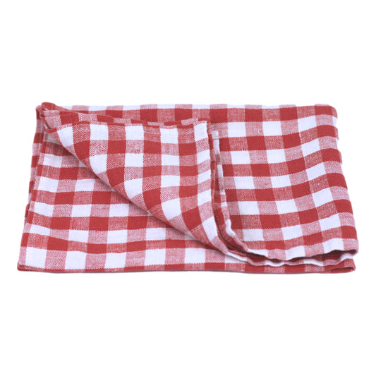Linen Hand Towel - Stonewashed - Red White Squares - Medium Thick Linen