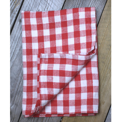 Linen Hand Towel - Stonewashed - Red White Squares - Medium Thick Linen